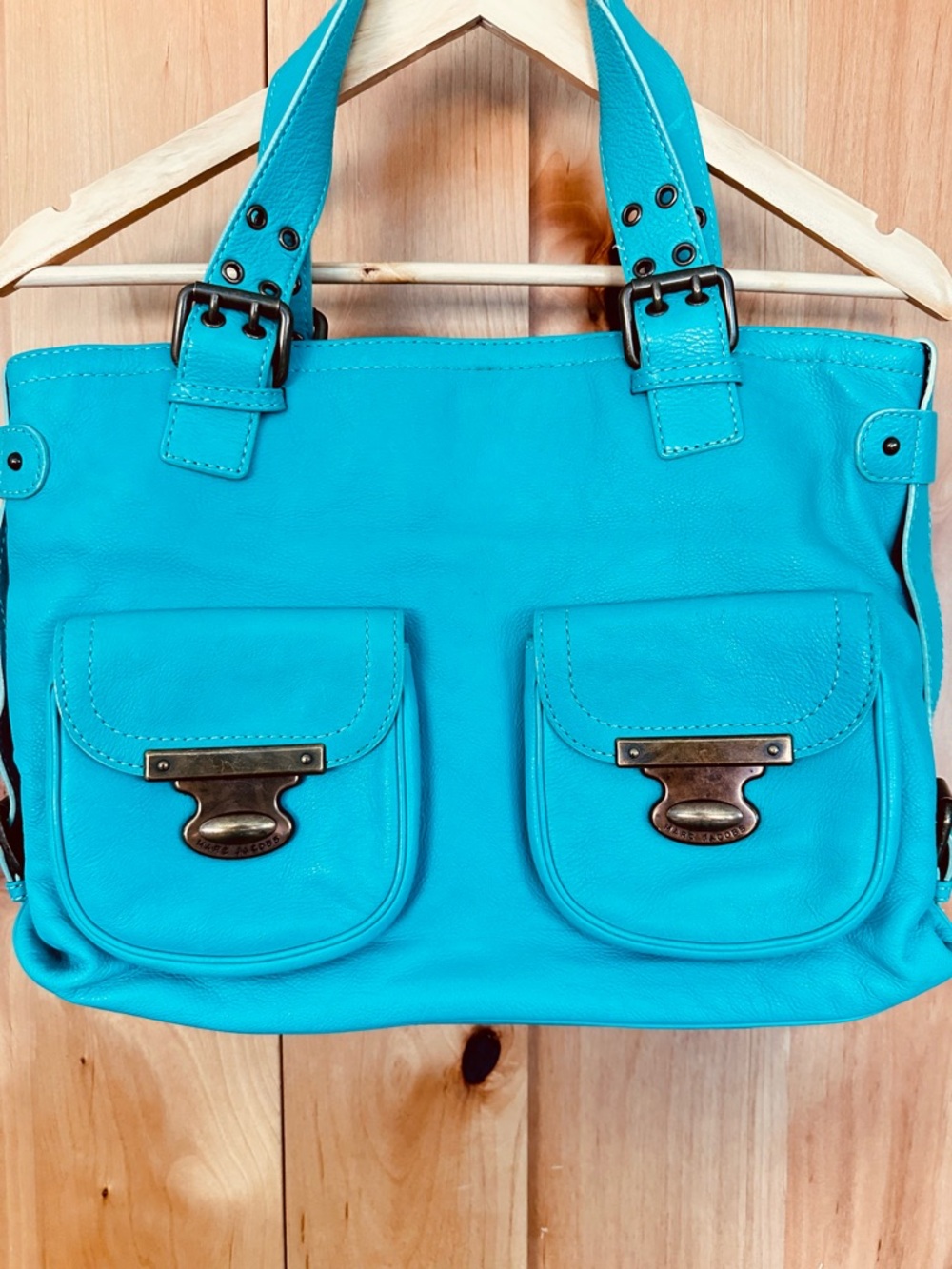 Marc Jacobs Turquoise Leather Tote Bag Double Pocket Italy